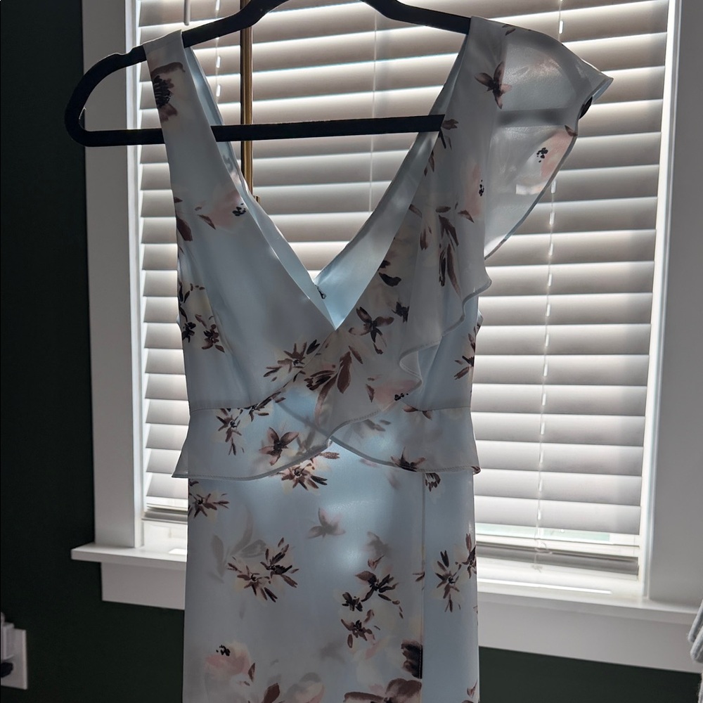 BCBG Blue Floral V-Neck Ruffle Dress